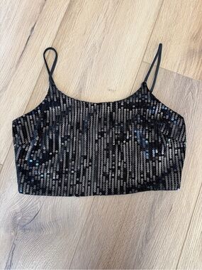 Black Sequin Crop Cami with Spaghetti Straps